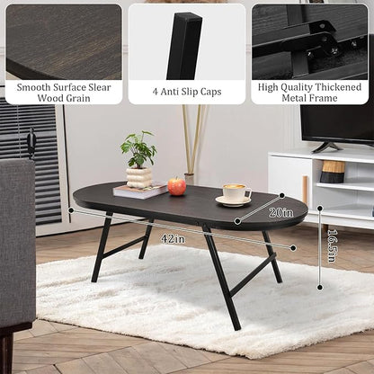 Small Oval Coffee Table Wood and Metal Folding Low Coffee Tables with Safety Lock Portable Outdoor Table Floor Center Table for Living Room Small Spaces, Black Gold