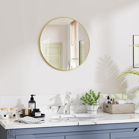 Gold Round Bathroom Mirror, 20 inch Circle Wall Mounted Hanging Mirror with Simple Modern Circular Metal Frame for Hallway, Entryway, Living Room, Gold Frame