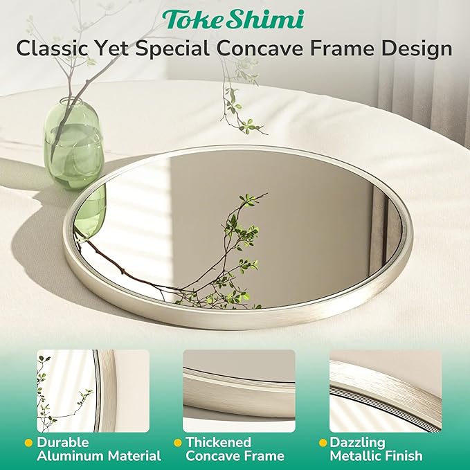 TokeShimi 16 in Round Bathroom Vanity Mirror Framed Brushed Nickel Bathroom Mirror for Wall Farmhouse, 16x16 Shatterproof Circle Bathroom Mirrored for Living Room, Bedroom, Entryway, Restroom