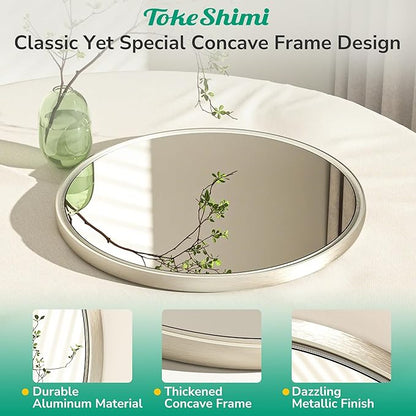 TokeShimi 18 in Round Brushed Nickel Mirror Bathroom, Shatterproof Bathroom Vanity Mirror Circle, 18x18 Silver Round Mirrored Farmhouse Aluminum for Entryway, Bedroom, Restroom, Vanity, Living Room