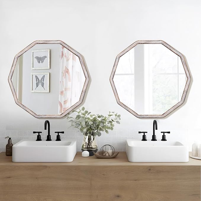 ULIKE White Wood Mirror for Wall, 24 Inch Rustic Farmhouse Mirror with Wood Frame, Decorative Wall Mounted Vanity Mirrors for Bathroom Bedroom Living Room Entryway