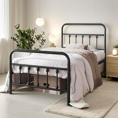 Twin Bed Frame-Classic Metal Platform Bed Frame Mattress Foundation with Victorian Style Iron-Art Headboard/Footboard/Under Bed Storage/No Box Spring Needed/Black