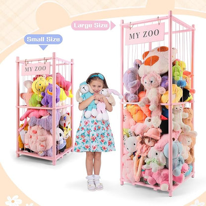 Stuffed Animal Storage Zoo, Wooden Stuffed Animal Organizer with Elastic Cords for Boys Girls, Space Saving Toy Plushies Storage Holder for Playroom, Bedroom, Living Room (Pink, Large)