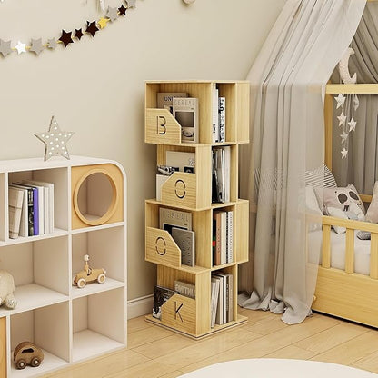 4 Tier Kids Rotating Bookshelf, Premium Pine Wood Space Saving Bookshelf Holds 100+ Books, 360° Spinning, Great for Larger Reads in Kids’ Room, Living Room & Office, Easy to Assemble