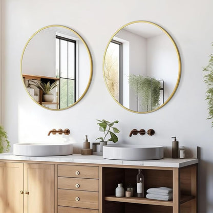 Circular Mirror Gold Round Mirror 18 Inch Round Bathroom Mirror Wall Mirrors Brushed Metal Frame Anti-Rust Tempered Glass for Bathroom Bedroom Entryway Living Room