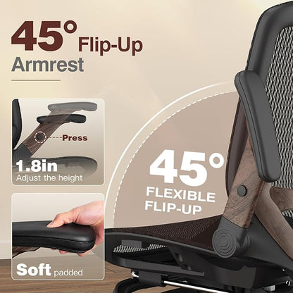 GABRYLLY Ergonomic Office Chair with Footrest, High Back Mesh Computer Chair with Flip-Up Arm, 3D Headrest, 135° Reclining, Rolling Gaming Task Chair with Wide Seat Lumbar Support,400LBS