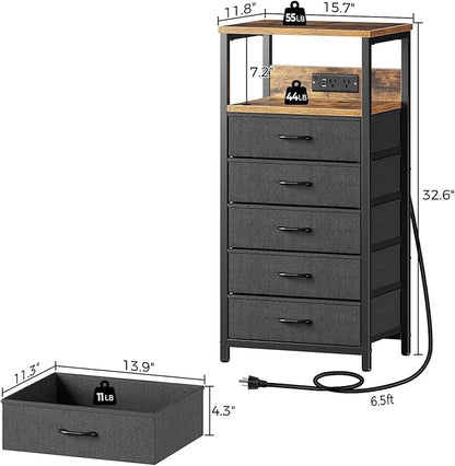 Seventable Night Stand with Charging Station, Tall Nightstand with 5 Fabric Storage Drawers, Side Table with LED Light for Bedroom, Entryway, Rustic Brown, Set of 2