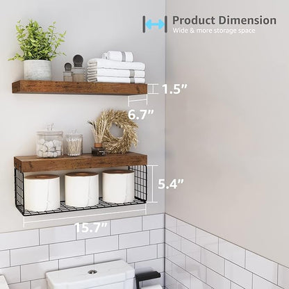QEEIG Bathroom Shelves Over Toilet - Wall Mounted Floating Shelves Toilet Paper Storage Small Farmhouse Decor Shelf 16 inch Set of 2, Rustic Brown (019-BN2)