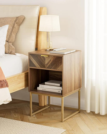 Nightstand,Modern Night Stand Boho Farmhouse Wood Bedside Table with Storage Drawer and Open Shelf,Side End Table for Bedroom,Living Room,Walnut