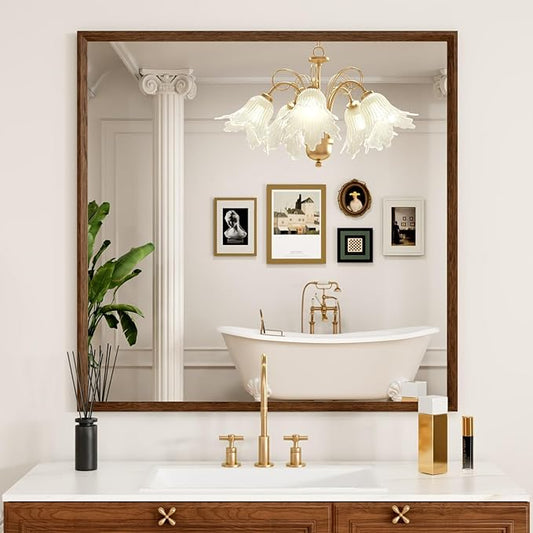40x36 Inch Rectangle Bathroom Mirror, Walnut Wood Grain Framed, Anti-Rust & 4mm Tempered Glass, Horizontal/Vertical Hanging Vanity Mirror for Bathroom & Bedroom