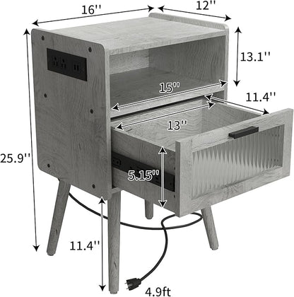SOOWERY Mid Century Modern Nightstand with Charging Station, Bedside Tables with Acrylic Drawer, End Table Side Table with 2 Tiers Storage Space, for Bedroom, Living Room, Light Grey