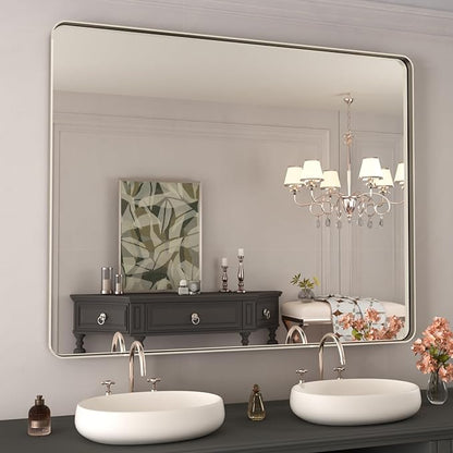 WEER 40X32 Inch Brushed Nickel Bathroom Mirror, Brushed Silver Metal Frame Mirror, Rounded Rectangle Silver Bathroom Vanity Mirror, Tempered Glass, Anti-Rust, Hangs Horizontally or Vertically
