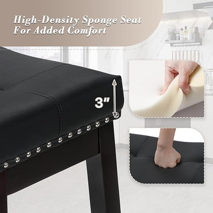 Athena Collection Bar Stools Set of 2, 25 Inches Counter Height Bar Stools Backless with Footrest, Leather Upholstered Saddle Barstools with Nailhead Trim for Home, Kitchen Island, Counter, Black
