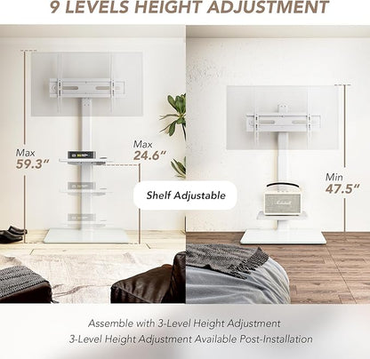 AX WABER Universal Floor TV Stand with Mount 70 Degree Swivel 9 Level Height Adjustable and Space Saving Design for Most 27 to 65 inch LCD, LED OLED TVs White