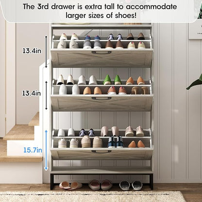 Maupvit Shoe Storage Cabinet with 3 Flip Drawers, Freestanding Organizer with Metal Legs for Entryway, Narrow Shoe Rack Cabinet, Beige