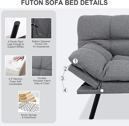 Vipbear Futon Sofa Bed Couch, 71" Convertible Sofa Bed, Space-Saving Loveseat with Adjustable Backrest & Armrest for Living Room,Apartment,Office,Medium Grey Sleeper Sofa