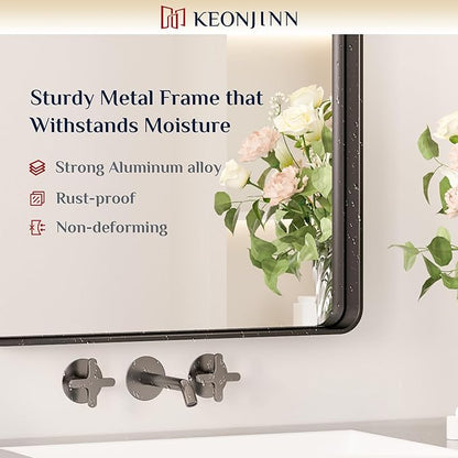 Keonjinn Black Bathroom Mirror for Vanity 24 x 36 Inch Metal Framed Wall Mirror Matte Black Rounded Rectangle Farmhouse Mirror, HD Tempered Glass, Wall-Mounted Decorative Mirror(Horizontal/Vertical)