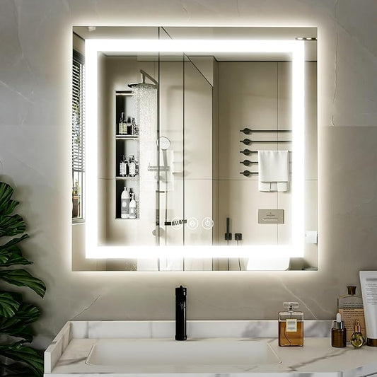 36x36 LED Bathroom Mirror, Backlit + Front Lit, LED Bathroom Mirror with Lights for Wall, 3 Colors, Anti-Fog, Dimmable Brightness, Memory Function, Tempered Glass