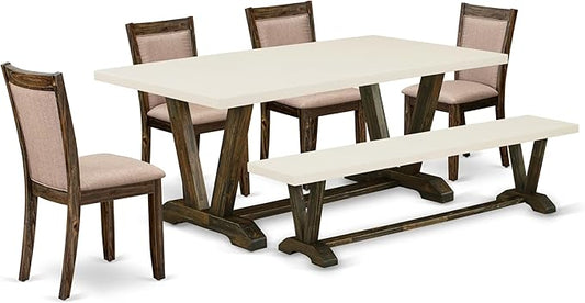 East West Furniture V727MZ716-6 6 Piece Dining Set Contains a Rectangle Dining Room Table with V-Legs and 4 Dark Khaki Linen Fabric Upholstered Chairs with a Bench, 40x72 Inch, Multi-Color