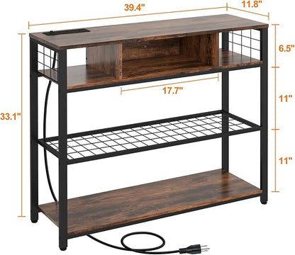 Console Tables with Charging Station, 4 Tier Narrow Sofa Tables with Storage Shelves, Entryway Tables with Outlet and USB Ports, Behind Couch Table for Living Room Hallway, Rustic Brown
