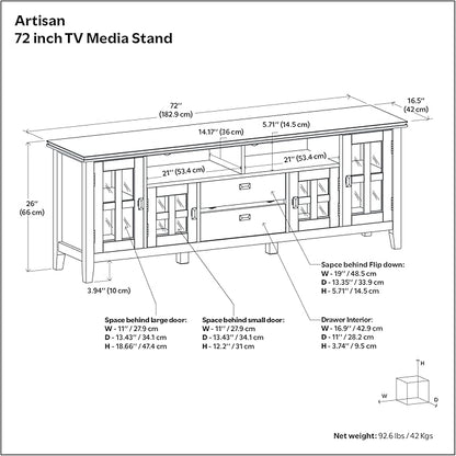 SIMPLIHOME Artisan SOLID WOOD 72 Inch Wide Transitional TV Media Stand in Black for TVs up to 80 Inches, For the Living Room and Entertainment Center