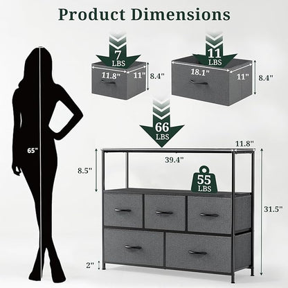 TV Stand, 5 Fabric Drawers Dresser Entertainment Center for TV up to 45 inch Wooden Media Console Table Storage Organizer with Open Shelf, for Living Room, Bedroom, or Small Space, Gray