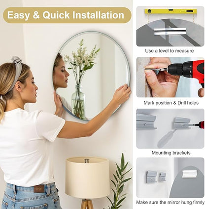 30" Frameless Round Beveled Mirror, 1" Polished Edge Beveled Circle Bathroom Mirror for Wall, Vanity, Entryways
