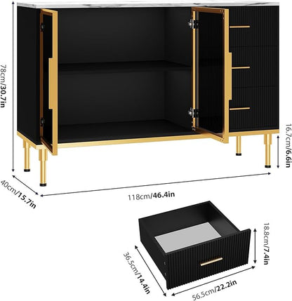 Buffet Sideboard Cabinet with Storage, 46.4" Large Fluted Kitchen Sideboard Cabinet with 2 Glass Doors 3 Drawers and Shelves, Faux Marble Top Buffet Table for Dining Room, Living Room, Black
