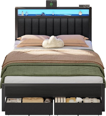 Furnulem Queen Bed Frame with Charging Station and LED Lights, Grey Upholstered Headboard with Shelves, Metal Platform Bed with 2 Under-Bed Storage (Fabric Drawer on Wheels), No Box Spring Needed