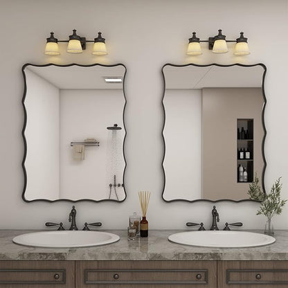 24x32 Black Bathroom Mirror for Wall, Rectangle Framed Mirror for Bathroom, Decorative Wall Mirror with Wavy Frame, Anti-Rust(Horizontal/Vertical)