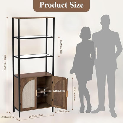 Bookshelf with Rattan Doors, 71" Tall Bookcase with Light and Adjustable Shelf, 5 Tier Book Shelf Storage Organizer for Bedroom, Living Room and Home Office