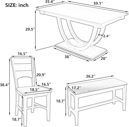 Ball & Cast Dining Table Set for 6,6-Piece Kitchen Table Set W/ 1 Bench & 4 Cushioned Chairs,59" Rectangular Desk W/Half Round Legs & Rectangle Base,for Dining Room,Kitchen,Restaurant,Gray