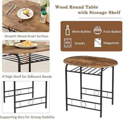 VECELO 3-Piece Dining Table Set for Kitchen Breakfast Nook, Wood Grain Oval Tabletop and Metal Frame with Built-in Wine Rack, for Small Spaces, 31.5", Antique & Black