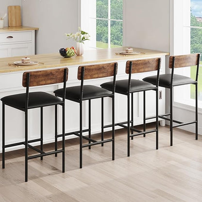 GarveeHome Bar Stools Set of 4, Upholstered Counter Height Bar Stools with Backrest and Footrest, Kitchen Barstools for Island, Counter Bar, Easy Assembly, Rustic Brown