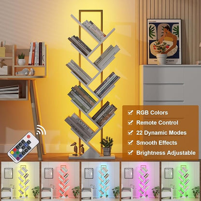 Tree Book Shelf with LED Lights, 9 Tier Floor Standing Bookcase, Classical Corner Shelf Kids Bookshelf, Tall Wood Book Storage for Bedroom, Living Room, Home Office, White