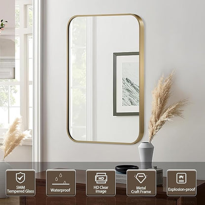 Gold Mirror, 22x30 Inch Gold Rectangle Mirror, Aluminum Alloy Framed Vanity Mirror, Rounded Rectangle Bathroom Mirror for Over Sink, Anti-Rust Wall Mirror (Horizontally or Vertically)