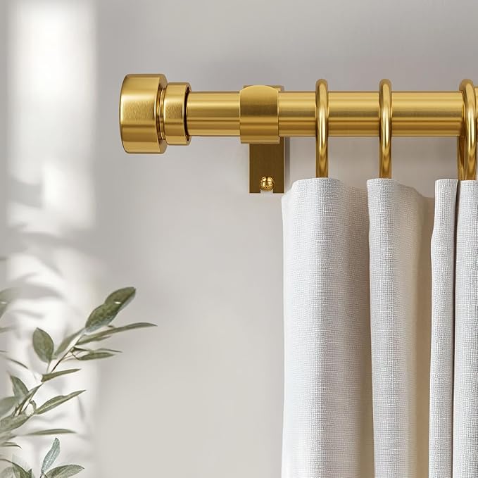 2 Pack Modern Gold Curtain Rods for Windows 48 to 84 Inches Adjustable Length Heavy Duty 1" Diameter Brass Window Curtain Rod with Solid Metal Finials for Outdoor Farmhouse Bedroom Kitchen Living Room