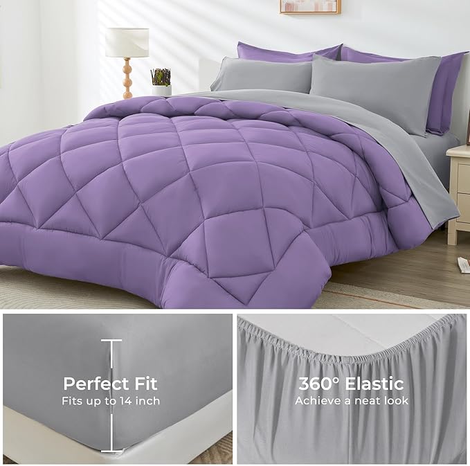 HEVUMYI Twin-XL Comforter Set - 5-Piece All Season Bed in a Bag Twin-XL, Ultra Soft Bedding Set with Comforter, Flat Sheet, Fitted Sheet, Pillowcases, Pillow Shams, Purple & Light Grey