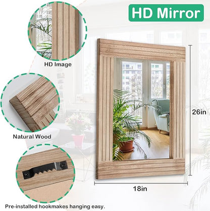 Rectangle Mirror Retro Wooden Wall-Mounted Mirrors Farmhouse Bedroom Bathroom Vanity Entrance Decorative Antique Hanging Mirror Large 26"x18"