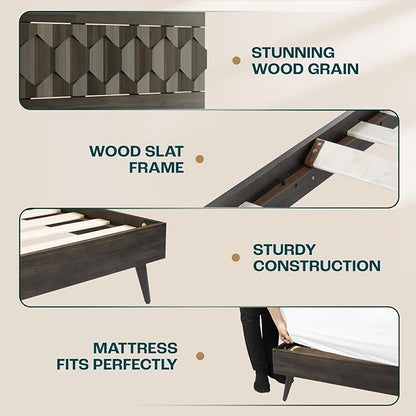 Bme Georgina Signature Mocha Bed Frame, Queen Bed Frame and Headboard Handcrafted Geometric, Mid Century Modern, Solid Acacia Wood, No Box Spring Needed, 12 Strong Wood Slats Support, Easy Assembly