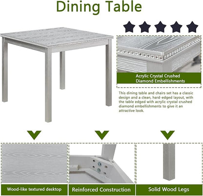 KEIKI 5-Piece Standard Height Dining Table Set with Square Table and 4 Upholstered Chair, for 4 Person, Classic Crystal Decoration Wood Table Set, Easy Assembly, for Kitchen, Dining Room, Silver Grey
