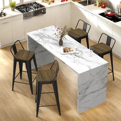 Black Bar Stools Set of 4, Metal Bar Stools with Wooden Seat, Modern 26”Counter Height Barstools with Low Back