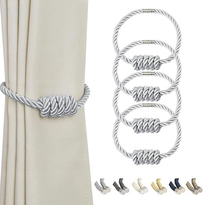 BEL AVENIR Magnetic Curtain Tiebacks, Decorative Drapery Holdbacks Modern Woven Tie-Backs with Exquisite Knot (Sliver, 4 Pack)