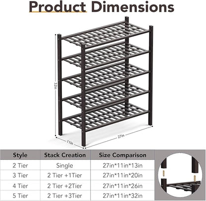 Haddockway 5 Tier Bamboo Shoe Rack Storage Organizer, Multifunctional Free Standing Stackable Shoe Shelf with Grid Panel for Closet,Hallway,Entryway,Small Space 27"x11"x32" (Brown, 5 Tier)