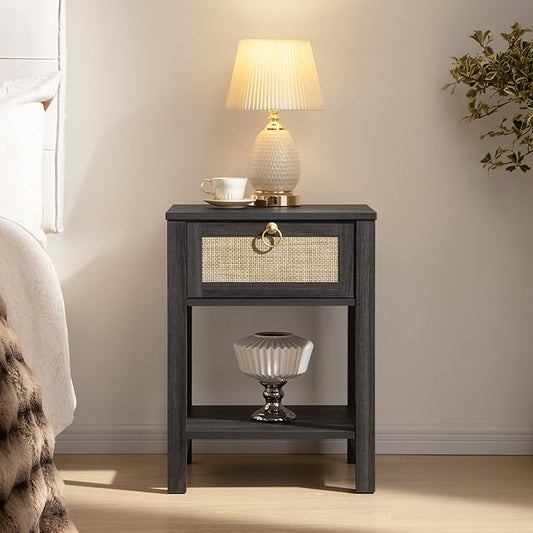 SICOTAS Rattan Nightstand, Rattan Decor Drawer with Brass Knobs Night Stand Bedside Table Boho End Tables Side Tables with Storage Shelf for Bedroom,Small Space