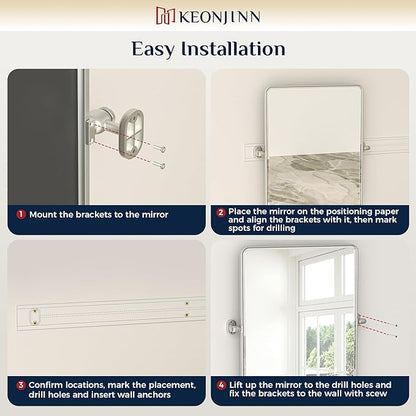 Keonjinn 20 x 30 Inch Tilt Mirror Bathroom, Satin Nickel Metal Pivot Mirror for Bathroom, Silver Beveled Fixed Tilt Mirrors for Over Sink, Modern Tilting Mirrors Wall Mounted (Horizontal/Vertical)