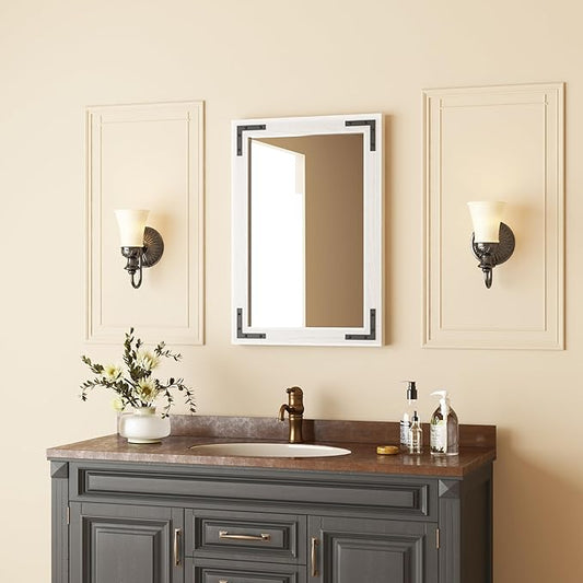 VocalStar White Wood Framed Mirror 18 x 26 Inch, Rustic Natural White Wooden Rectangle Bathroom Vanity Wall Mirror for Farmhouse Boho Decor, 1/4-inch Shatterproof Glass | Waterproof