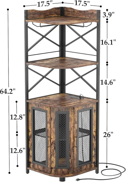 Aheaplus Corner Bar Cabinet with Power Outlet, Industrial Wine Cabinet with LED Strip and Glass Holder, 5-Tiers Liquor Cabinet Bar Unit for Home, Corner Display Cabinet for Small Space, Rustic Brown