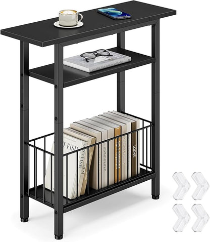 Vagusicc Narrow Side Table, 3-Tier Skinny End Table for Couch, Small side Tables for Small Spaces, Bed Side Table with Storage, 25.2" Tall Slim Nightstand Bedside table for Living Room, Bedroom, Black