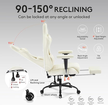 Gaming Chair,Computer Office Chair with Footrest,Massage Lumbar Support and Gel Pad,Ergonomic Reclining Leather Gamer Chair with Headrest,Adjustable Armrests and Spring Cushion Ivory